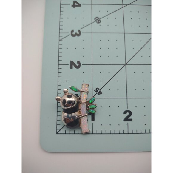 Vintage Rare Panda Bear on Bamboo, Silver, Black Enamel, Crushed Opal Brooch Pin - Picture 9 of 12